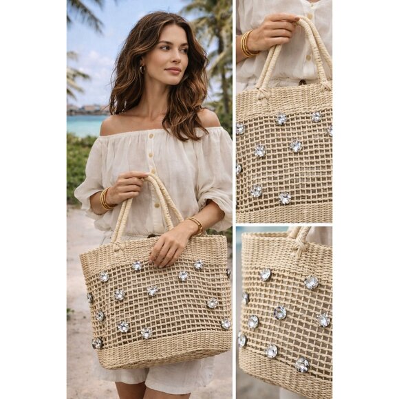 BTB Los Angeles Handbags - BTB Los Angeles Nancy Tote Straw Bag Crystal Embellished Woven Summer Handbag